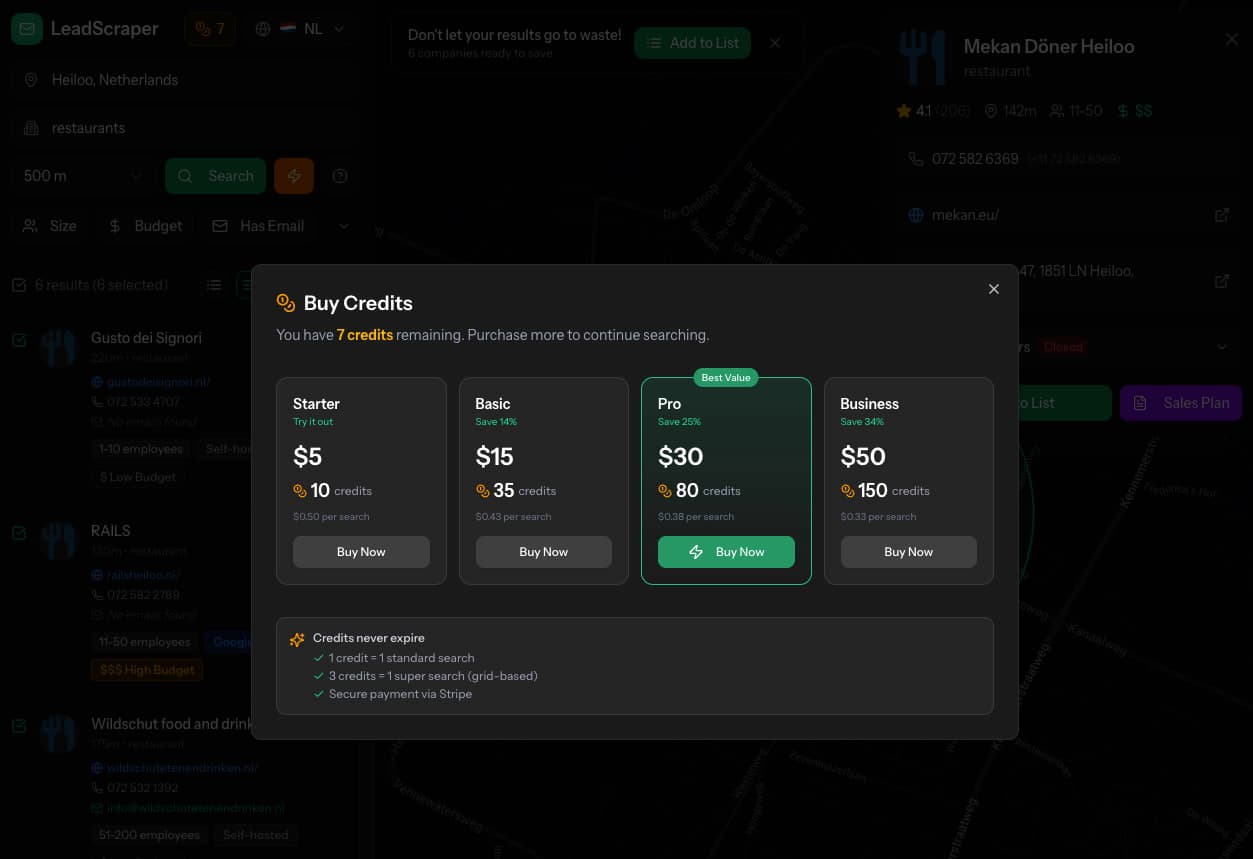 Credit purchase modal with Stripe checkout